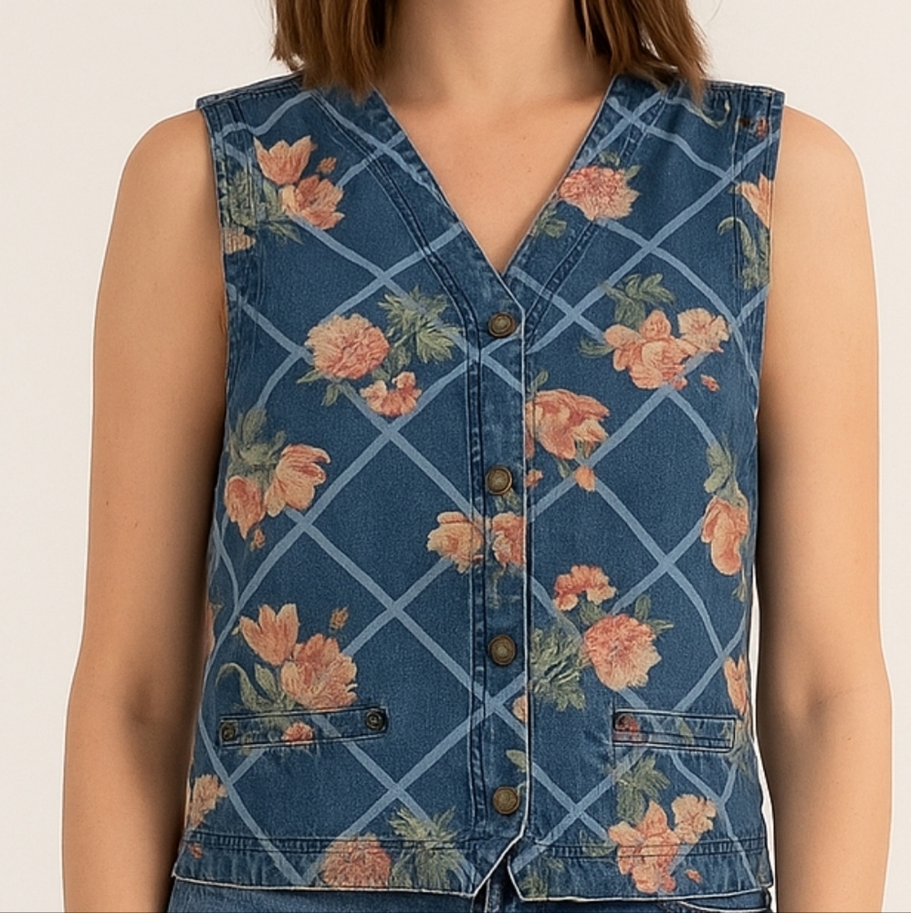 Grandma Core Lizwear Y2K Denim Jean Floral Vest Vintage Large Soft